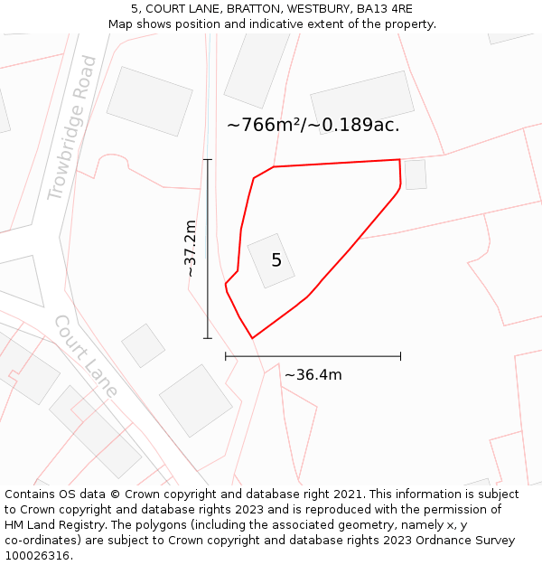 5, COURT LANE, BRATTON, WESTBURY, BA13 4RE: Plot and title map