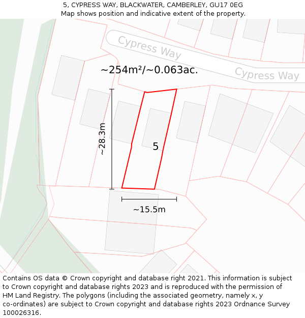 5, CYPRESS WAY, BLACKWATER, CAMBERLEY, GU17 0EG: Plot and title map