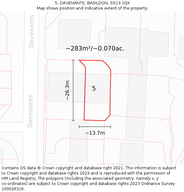 5, DAVENANTS, BASILDON, SS13 1QX: Plot and title map