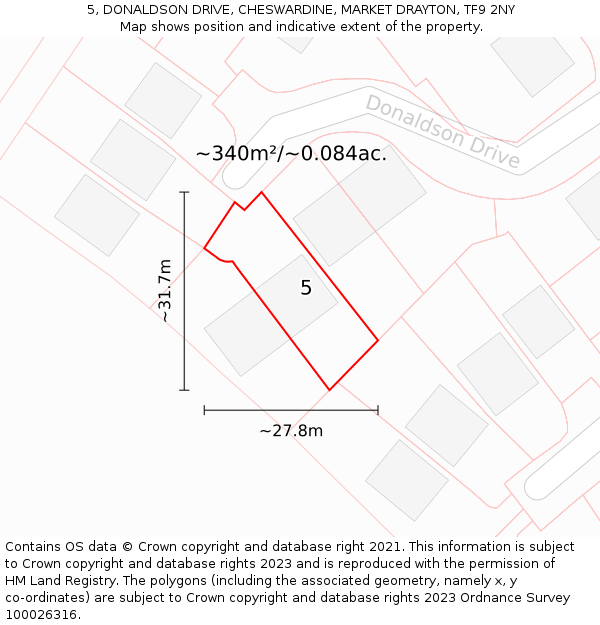 5, DONALDSON DRIVE, CHESWARDINE, MARKET DRAYTON, TF9 2NY: Plot and title map