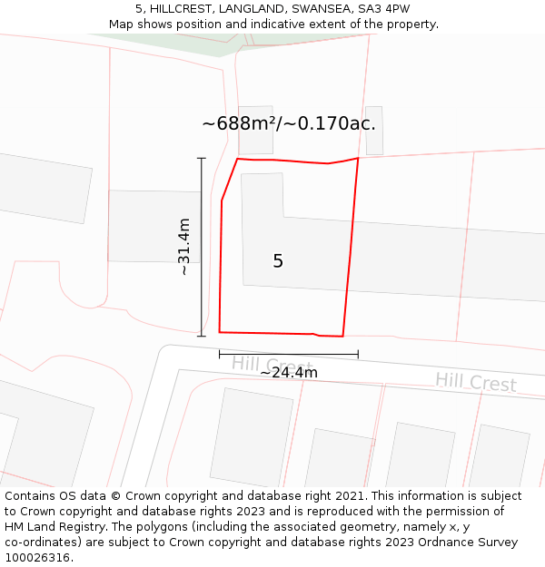 5, HILLCREST, LANGLAND, SWANSEA, SA3 4PW: Plot and title map