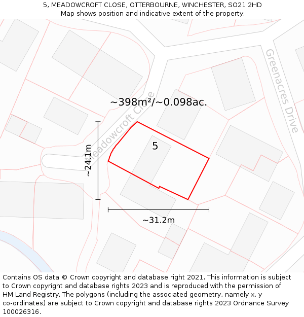 5, MEADOWCROFT CLOSE, OTTERBOURNE, WINCHESTER, SO21 2HD: Plot and title map