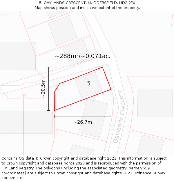 5, OAKLANDS CRESCENT, HUDDERSFIELD, HD2 2FX: Plot and title map