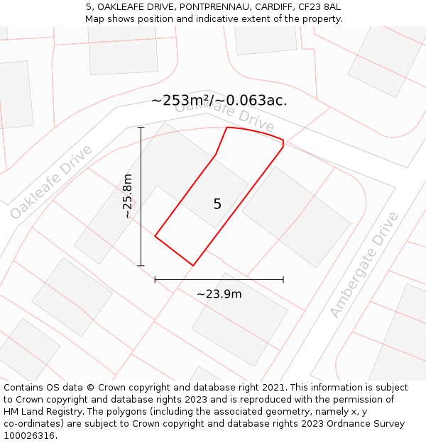 5, OAKLEAFE DRIVE, PONTPRENNAU, CARDIFF, CF23 8AL: Plot and title map