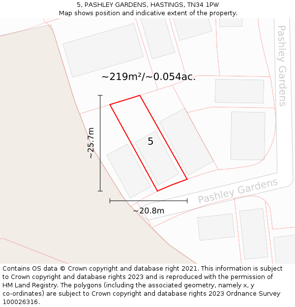 5, PASHLEY GARDENS, HASTINGS, TN34 1PW: Plot and title map