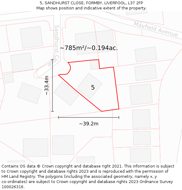 5, SANDHURST CLOSE, FORMBY, LIVERPOOL, L37 2FP: Plot and title map