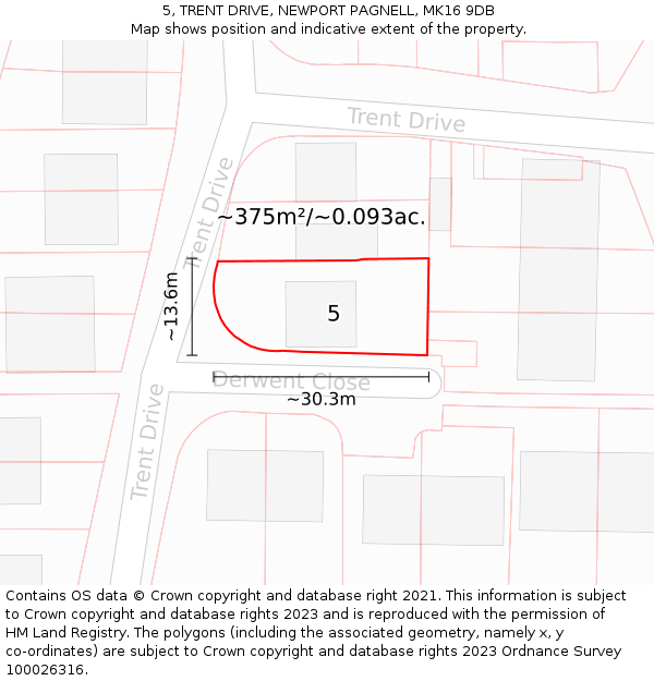 5, TRENT DRIVE, NEWPORT PAGNELL, MK16 9DB: Plot and title map