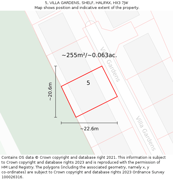 5, VILLA GARDENS, SHELF, HALIFAX, HX3 7JW: Plot and title map