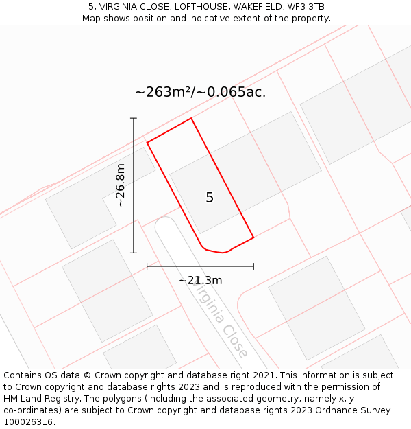 5, VIRGINIA CLOSE, LOFTHOUSE, WAKEFIELD, WF3 3TB: Plot and title map