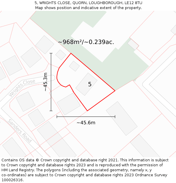 5, WRIGHTS CLOSE, QUORN, LOUGHBOROUGH, LE12 8TU: Plot and title map