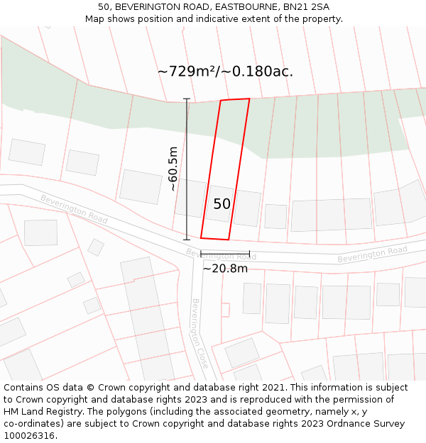 50, BEVERINGTON ROAD, EASTBOURNE, BN21 2SA: Plot and title map