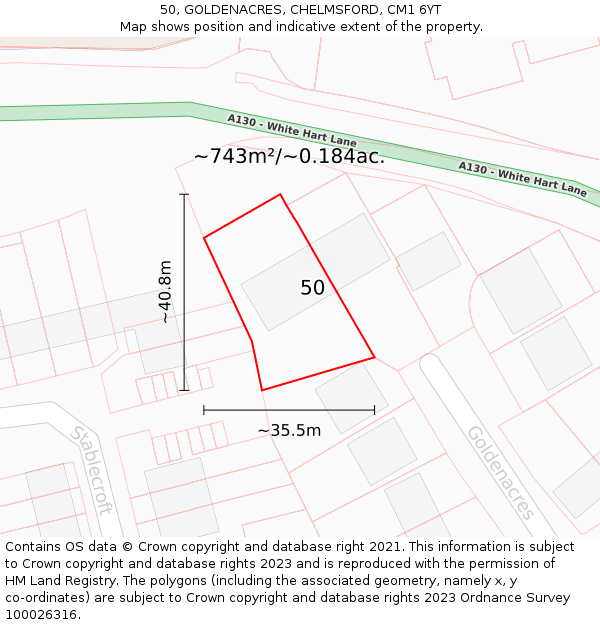 50, GOLDENACRES, CHELMSFORD, CM1 6YT: Plot and title map