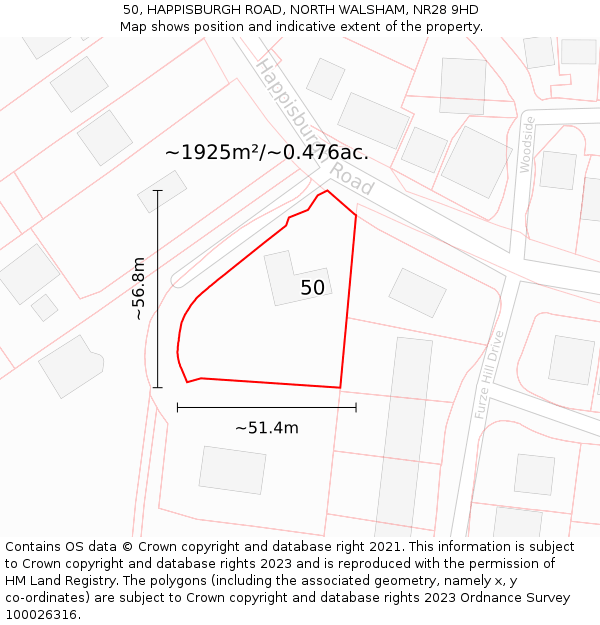 50, HAPPISBURGH ROAD, NORTH WALSHAM, NR28 9HD: Plot and title map