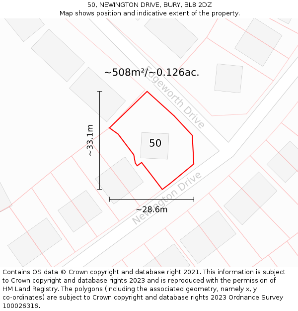 50, NEWINGTON DRIVE, BURY, BL8 2DZ: Plot and title map