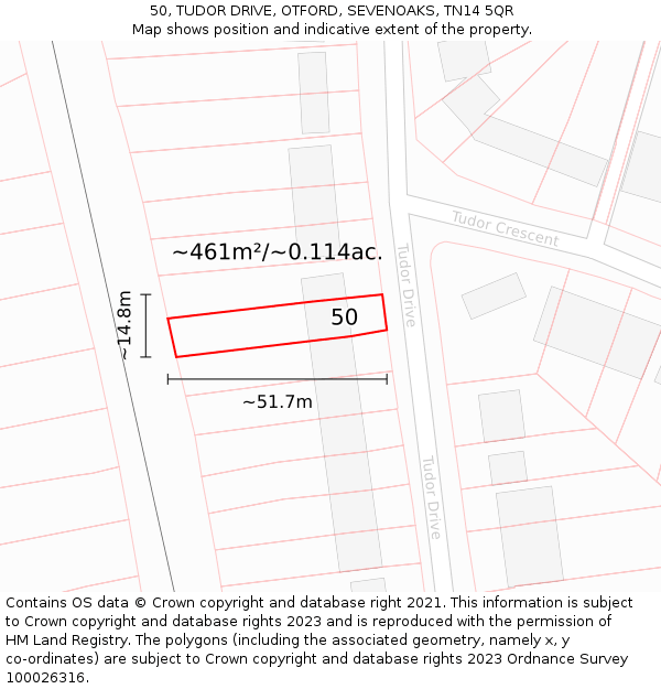 50, TUDOR DRIVE, OTFORD, SEVENOAKS, TN14 5QR: Plot and title map
