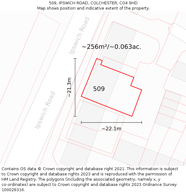 509, IPSWICH ROAD, COLCHESTER, CO4 9HD: Plot and title map