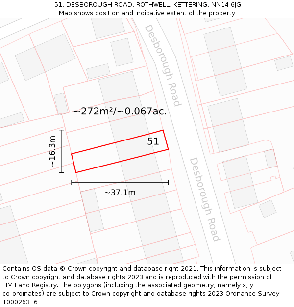 51, DESBOROUGH ROAD, ROTHWELL, KETTERING, NN14 6JG: Plot and title map