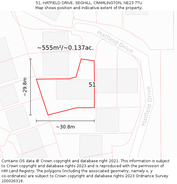 51, HATFIELD DRIVE, SEGHILL, CRAMLINGTON, NE23 7TU: Plot and title map