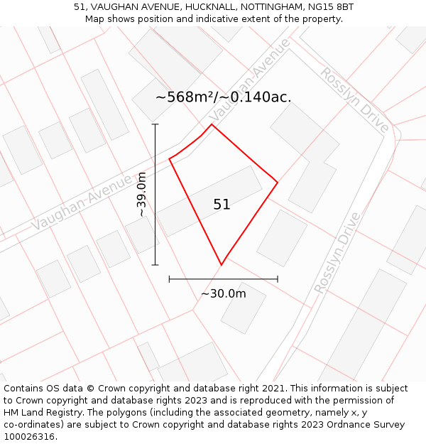 51, VAUGHAN AVENUE, HUCKNALL, NOTTINGHAM, NG15 8BT: Plot and title map