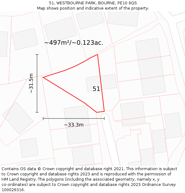 51, WESTBOURNE PARK, BOURNE, PE10 9QS: Plot and title map