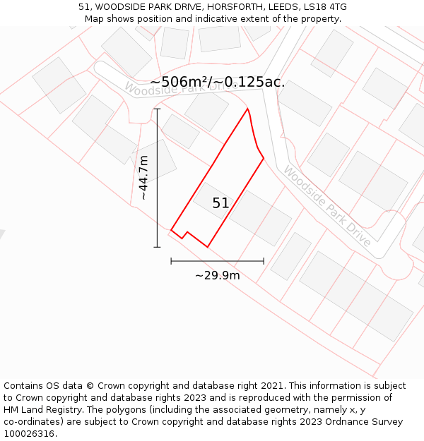 51, WOODSIDE PARK DRIVE, HORSFORTH, LEEDS, LS18 4TG: Plot and title map