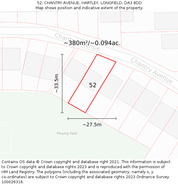 52, CHANTRY AVENUE, HARTLEY, LONGFIELD, DA3 8DD: Plot and title map