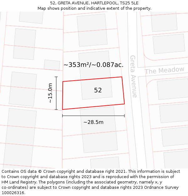 52, GRETA AVENUE, HARTLEPOOL, TS25 5LE: Plot and title map