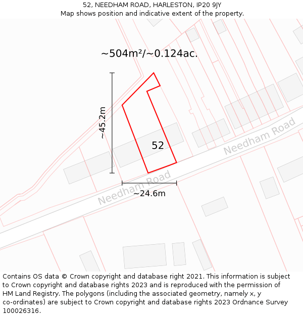 52, NEEDHAM ROAD, HARLESTON, IP20 9JY: Plot and title map