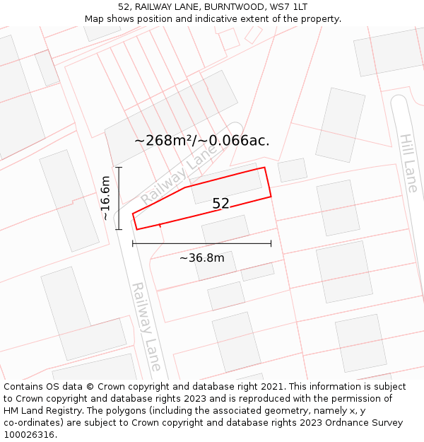 52, RAILWAY LANE, BURNTWOOD, WS7 1LT: Plot and title map