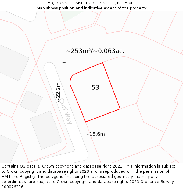 53, BONNET LANE, BURGESS HILL, RH15 0FP: Plot and title map