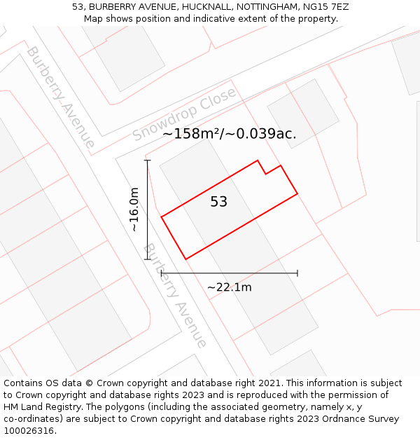 53, BURBERRY AVENUE, HUCKNALL, NOTTINGHAM, NG15 7EZ: Plot and title map