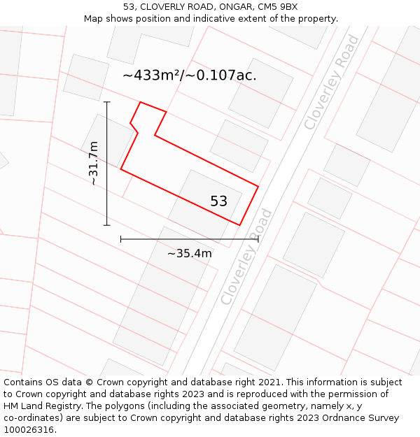 53, CLOVERLY ROAD, ONGAR, CM5 9BX: Plot and title map