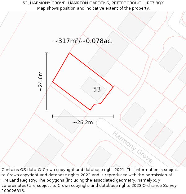 53, HARMONY GROVE, HAMPTON GARDENS, PETERBOROUGH, PE7 8QX: Plot and title map