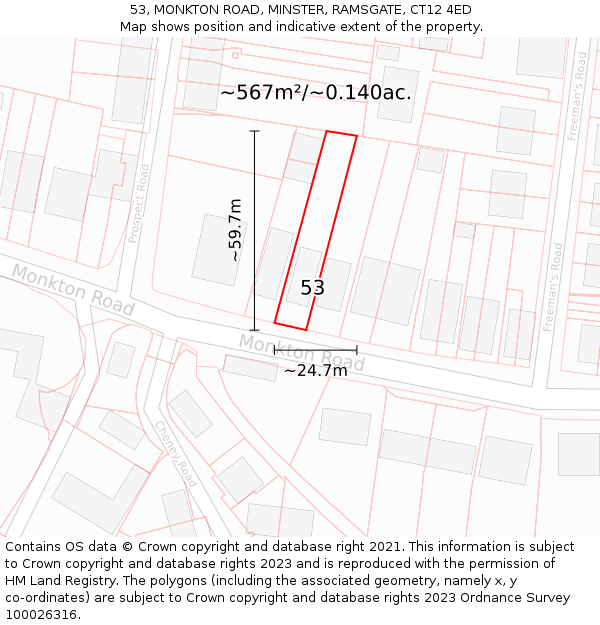 53, MONKTON ROAD, MINSTER, RAMSGATE, CT12 4ED: Plot and title map