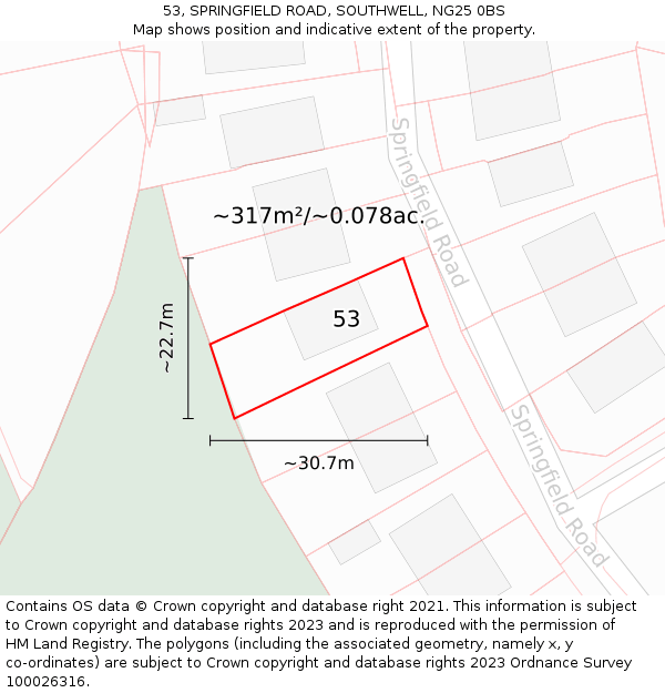 53, SPRINGFIELD ROAD, SOUTHWELL, NG25 0BS: Plot and title map