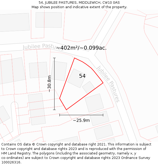 54, JUBILEE PASTURES, MIDDLEWICH, CW10 0AS: Plot and title map