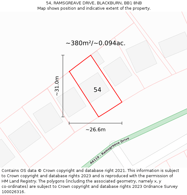 54, RAMSGREAVE DRIVE, BLACKBURN, BB1 8NB: Plot and title map