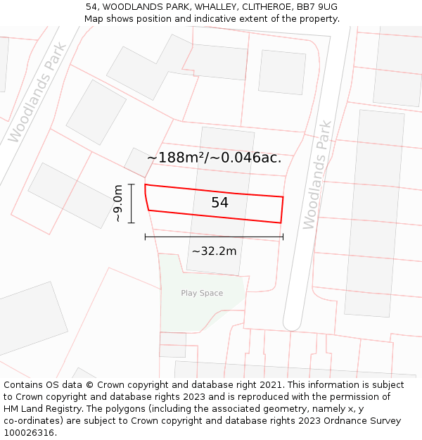 54, WOODLANDS PARK, WHALLEY, CLITHEROE, BB7 9UG: Plot and title map