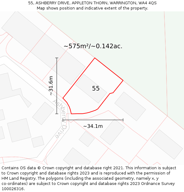 55, ASHBERRY DRIVE, APPLETON THORN, WARRINGTON, WA4 4QS: Plot and title map