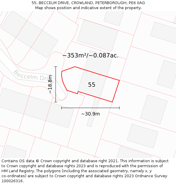 55, BECCELM DRIVE, CROWLAND, PETERBOROUGH, PE6 0AG: Plot and title map