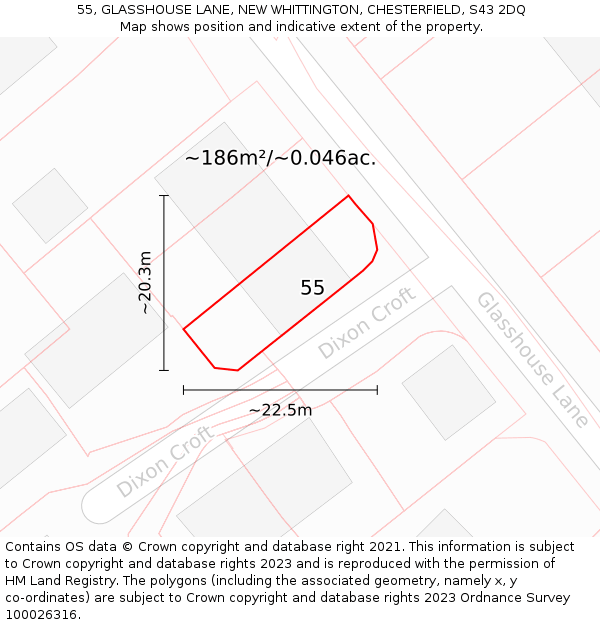 55, GLASSHOUSE LANE, NEW WHITTINGTON, CHESTERFIELD, S43 2DQ: Plot and title map