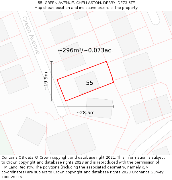 55, GREEN AVENUE, CHELLASTON, DERBY, DE73 6TE: Plot and title map