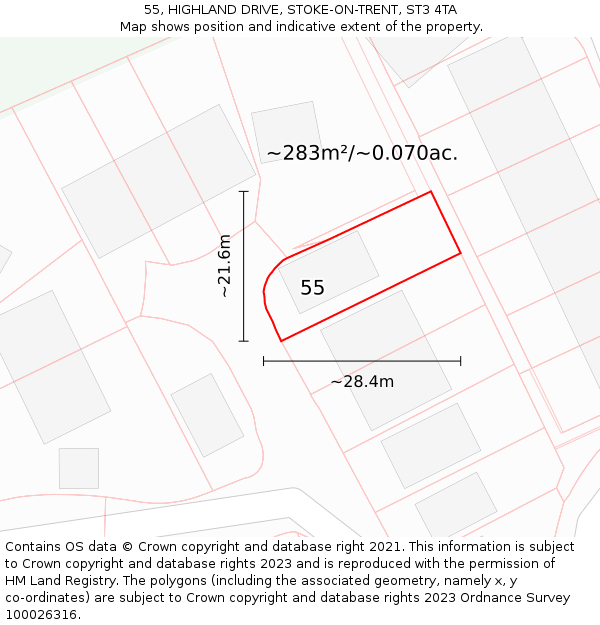 55, HIGHLAND DRIVE, STOKE-ON-TRENT, ST3 4TA: Plot and title map