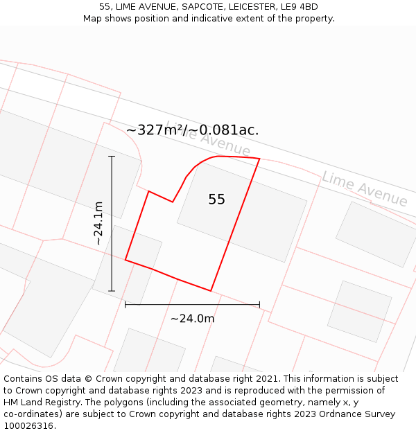 55, LIME AVENUE, SAPCOTE, LEICESTER, LE9 4BD: Plot and title map