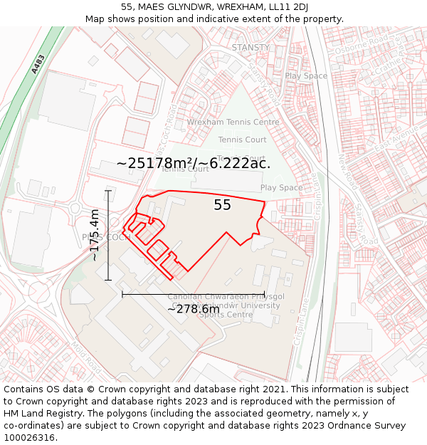 55, MAES GLYNDWR, WREXHAM, LL11 2DJ: Plot and title map