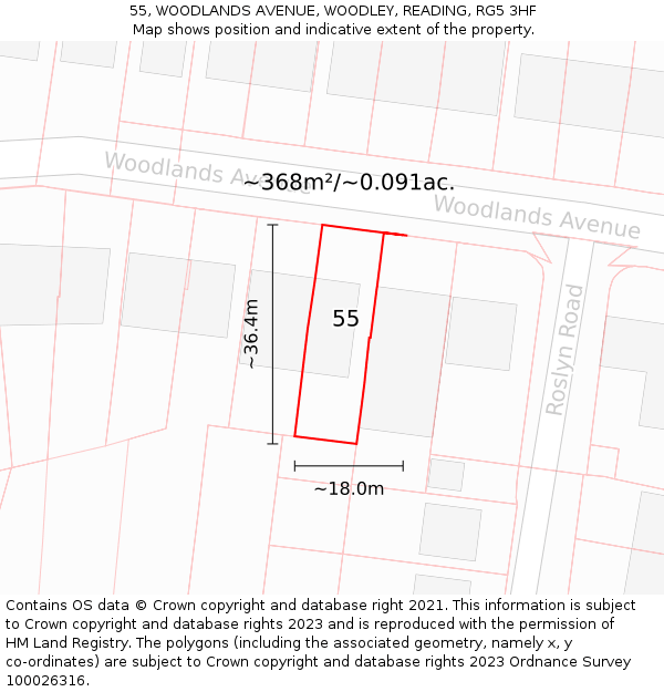 55, WOODLANDS AVENUE, WOODLEY, READING, RG5 3HF: Plot and title map