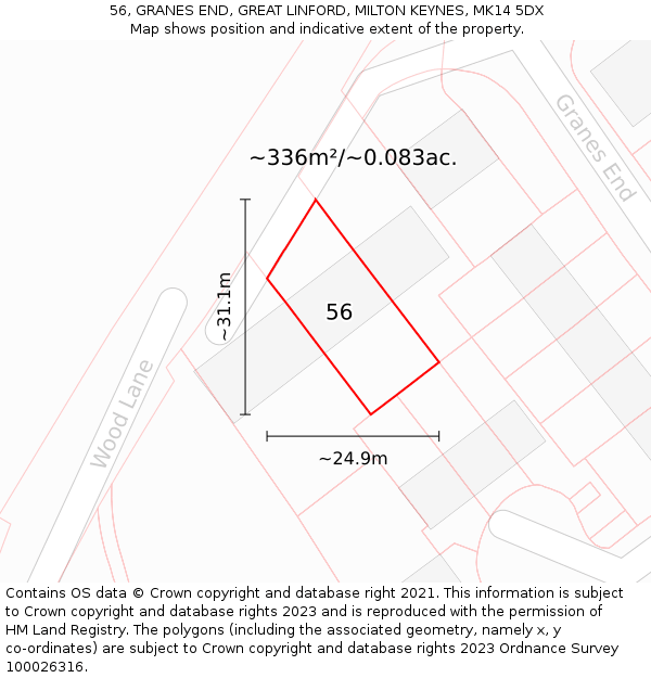 56, GRANES END, GREAT LINFORD, MILTON KEYNES, MK14 5DX: Plot and title map