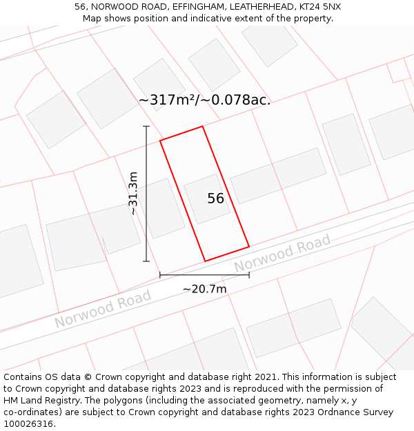 56, NORWOOD ROAD, EFFINGHAM, LEATHERHEAD, KT24 5NX: Plot and title map