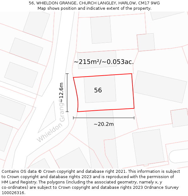 56, WHIELDON GRANGE, CHURCH LANGLEY, HARLOW, CM17 9WG: Plot and title map