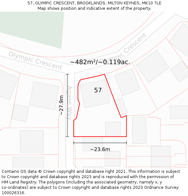 57, OLYMPIC CRESCENT, BROOKLANDS, MILTON KEYNES, MK10 7LE: Plot and title map